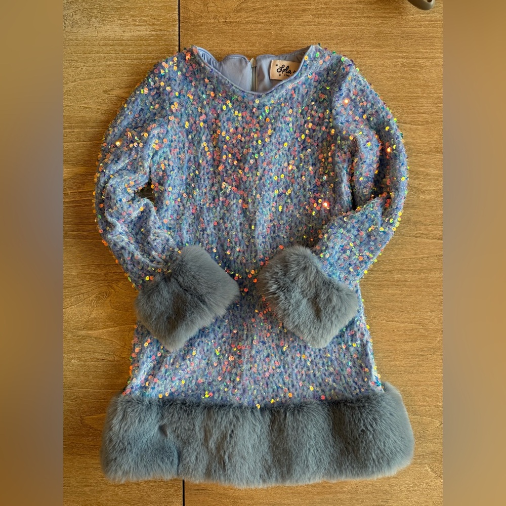 Lola + the boys Celeste sequin dress blue fur detail light blue - Picture 3 of 6